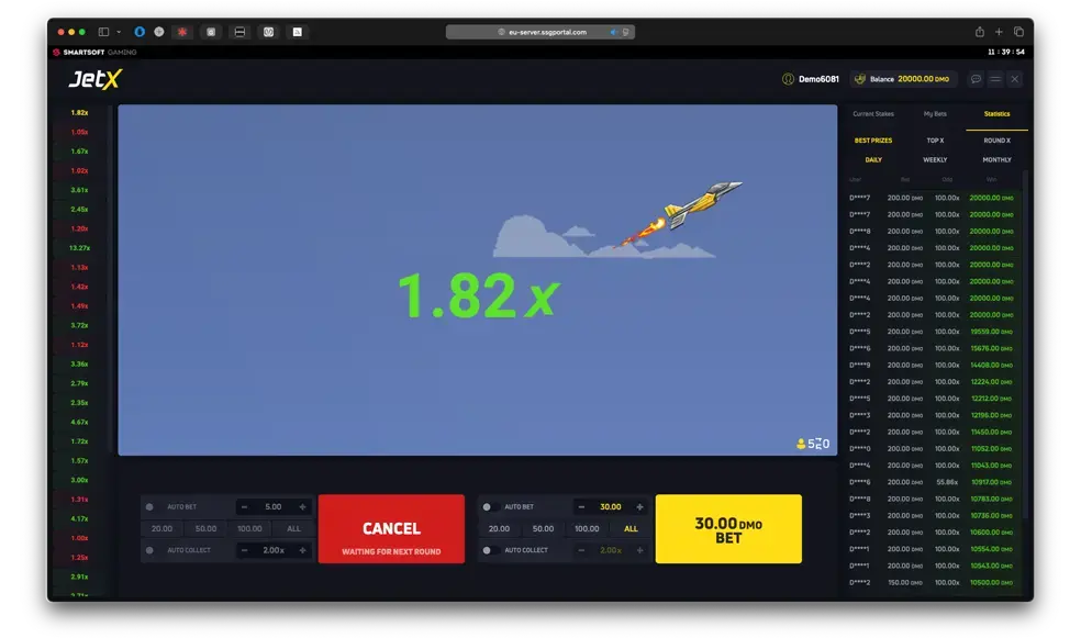 JetX-scherm met live multiplier en double-bet-indeling